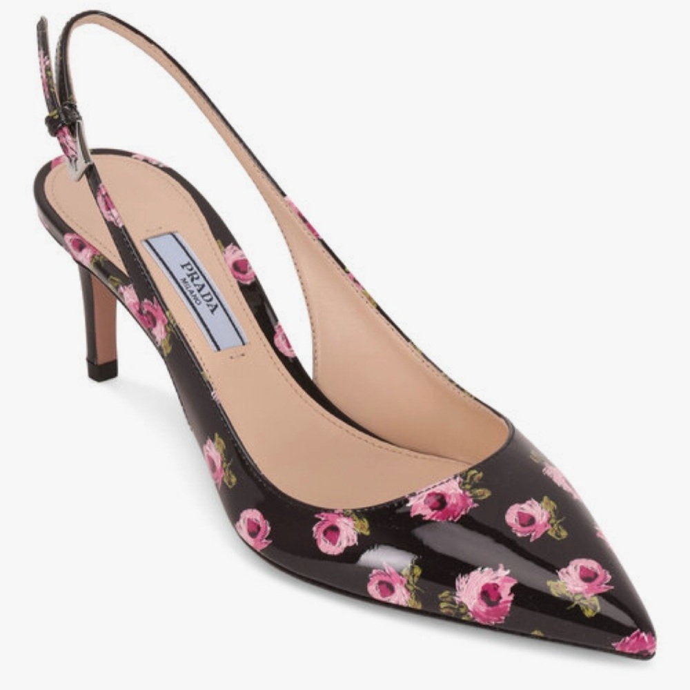 PRADA Vernice Rose Black Leather Pink Floral Slingback 65mm size 40 NEW